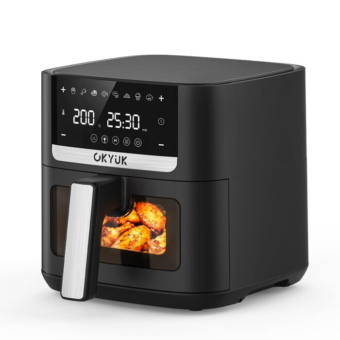 Аерофритюрниця OKYUK 6л XL 1200W з металевим внутрішнім резервуаром: безмасляна фритюрниця з 8 програмами, LED-дисплеєм, таймером