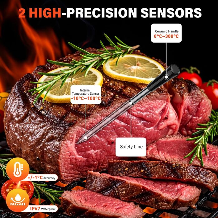 Бездротовий термометр для м'яса з 2 зондами, великий LCD-дисплей, Bluetooth, 130м, термометр для приготування на грилі, BBQ, духовки, гриля, коптильні, сковороди, фритюрниці, водонепроникний IP67