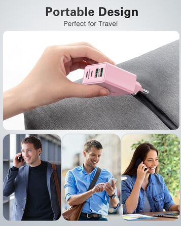 Мережевий адаптер USB-C 40W з 4 портами, рожевий. Швидка зарядка PD+QC для iPhone, iPad, Samsung та інших телефонів.