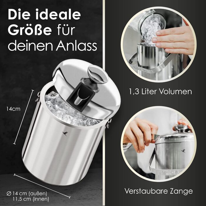 Beyond ice cube containers with lid and tongs 100% BPA free made of stainless steel - ice cube cooler, double-walled, 1.3 liters | Ice bucket for ice cubes, ice container for ice cube storage