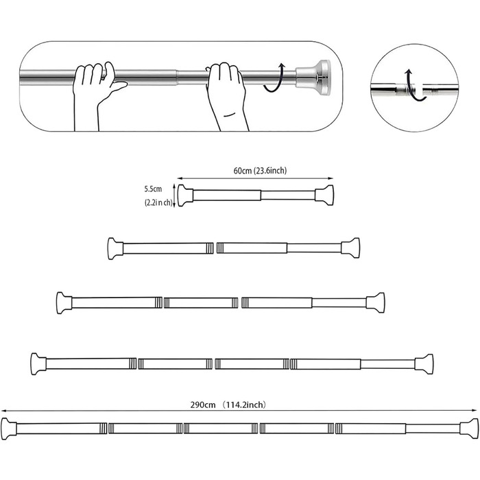Штанга для душу без свердління з нержавіючої сталі, розтягувана пружинна штанга, антикорозійна та протиковзна, 50-200 см, телескопічна штанга для ванни, срібляста 50-200 см
