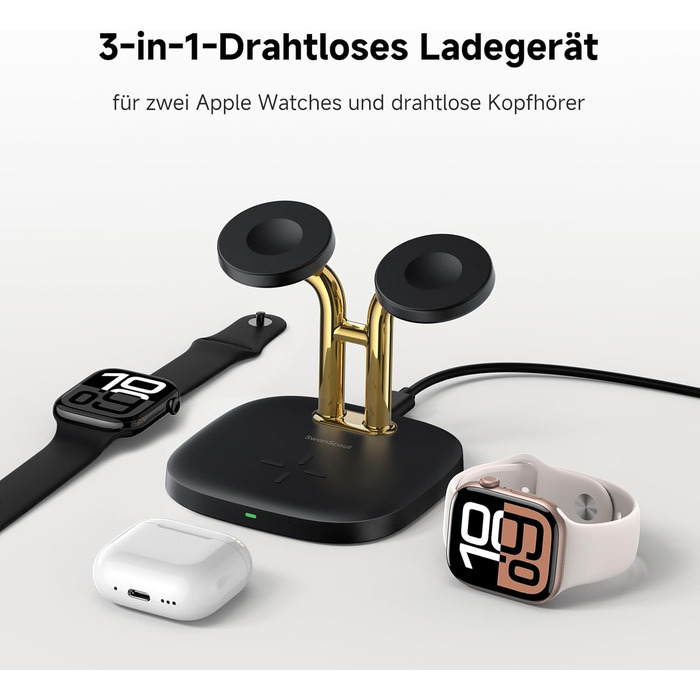 Зарядна станція SwanScout Doppel Watch 704A для Apple Watch 10/Ultra/9/8/7/6 та AirPods Pro (3.3W, без адаптера, чорний/золотий)
