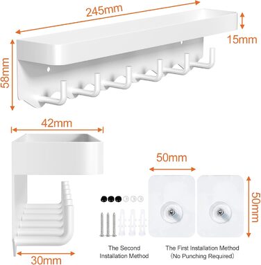 Ключниця Newaner з полицею та 6 гачками, біла. Органайзер для ключів без свердління, настінний, для дому та кухні
