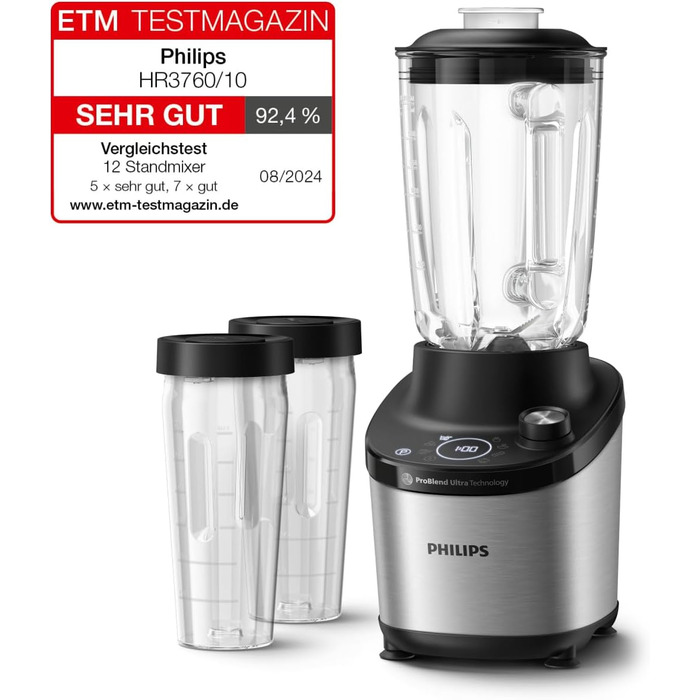 Philips Blender 7000 Series - 1500 Watt, 2 Liter, ProBlend Ultra Technology, Quick Select Programs, HomeID Recipes, Quick Clean Function, 2 Tritan Cups (HR3760/10)