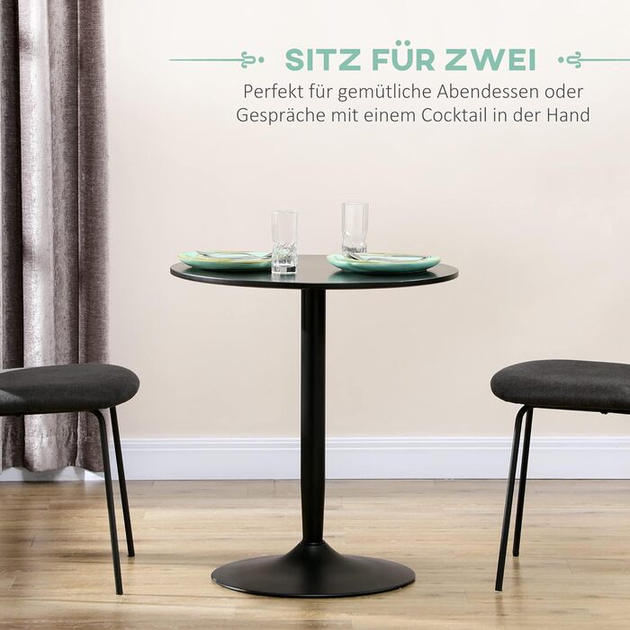 HOMCOM Dining Table, Round Kitchen Table, Modern Dining Table for 2 People, Bar Table Pedestal Table with Steel Leg, Non-Slip Foot Pad, Coffee Table for Living Room, Ø70 x 75 cm, Black 70L x 70W x 75H cm Black