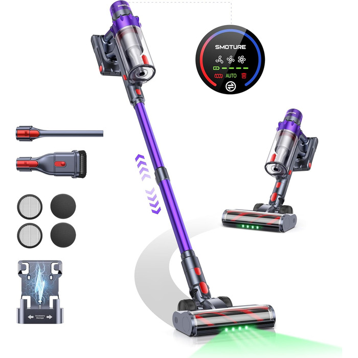 SMOTURE Бездротовий акумуляторний пилосос 600W, 50KPA, 65 хв роботи, самостійна підставка, для дому, з настінною зарядкою, автоматичний режим, знімна батарея, сенсорний дисплей