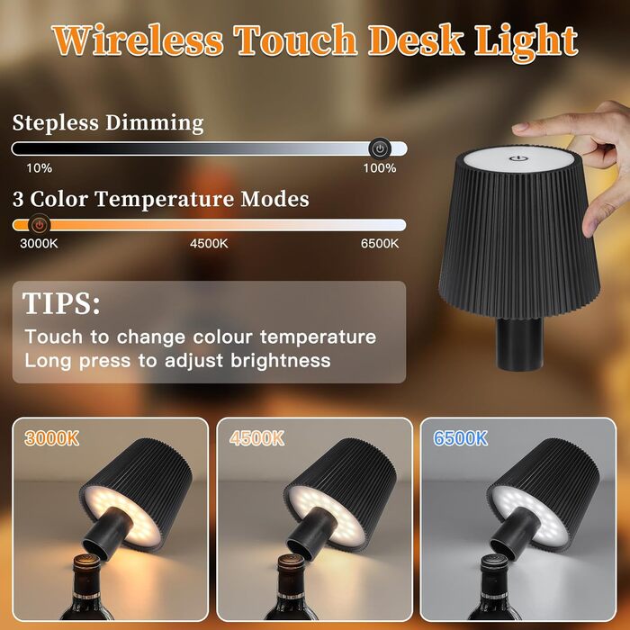 LED-лампа настільна бездротова диммируемая чорна з USB-C, сенсорна лампа з 3 колірними температурами, плавне регулювання яскравості, регульована висота, IP54 вологостійка для внутрішнього/зовнішнього використання (чорний)