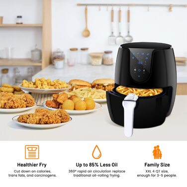 Фритюрниця без олії з 6 програмами приготування, LED-дисплей, книга рецептів, 1500W, чорна