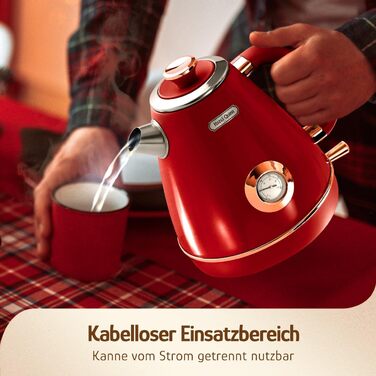 Електричний чайник Hazel Quinn Retro з термометром, з нержавіючої сталі, без пластику, 1.7 л, 2200 Вт, автоматичне вимкнення, вінтажний дизайн, Rudy Rot