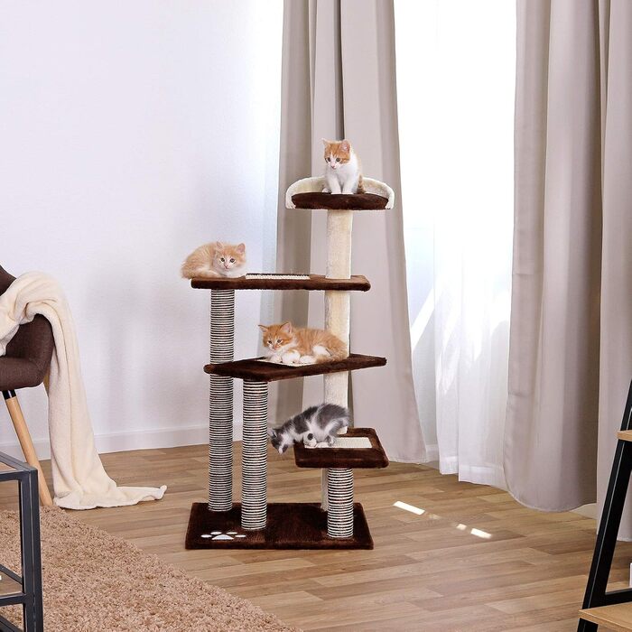Кігтеточка для котів Lionto з 3 платформами та зручною лежаком, висота 100 см, з сизалевого мотузка та м'якого плюшу, підходить для котів будь-якого розміру, ідеальний догляд за кігтями (Коричневий/Бежевий)