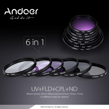 Набір фільтрів для об'єктива Andoer 72mm: UV, CPL, FLD, ND (ND2, ND4, ND8) з чохлом, кришками, тримачем та блендами