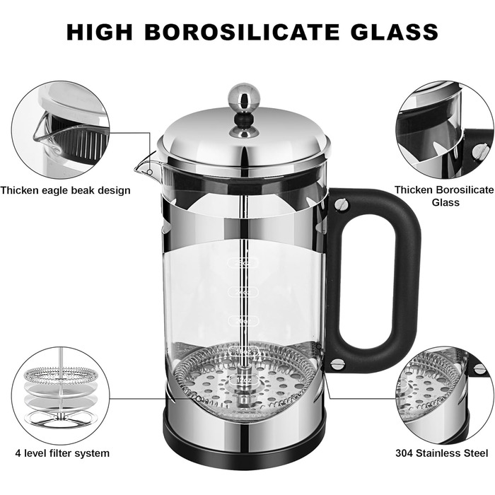YMMIND 963.9 g French Press Coffee Maker Copper Stainless Steel Coffee Press, with 4-Stage Filtration System, Heat-Resistant Thick Borosilicate Glass, BPA-Free Brewed Coffee Pot for Camping Gifts (Silvery-r)