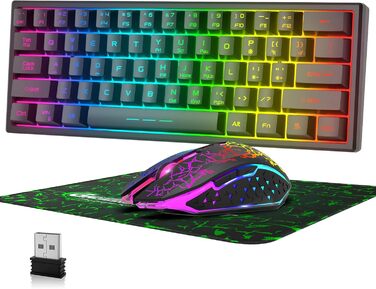 Kabellos Gaming Tastatur und Maus Combo Set: Бездротова ігрова клавіатура та миша, 2.4 GHz, 3800 mAh, тиха, 61 клавіша, компактна, Rainbow LED підсвічування, 2400 DPI, 6 кнопок, чорний