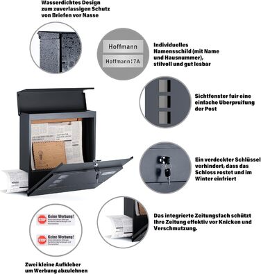 Поштовий ящик Zedelmaier з нержавіючої сталі, персоналізований, настінний, з відділенням для газет, 2 ключі, замок, антрацит 33x31x10 см