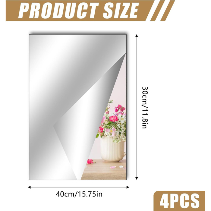 Самоклеючі дзеркала для плитки, 4 шт. 40x30 см, акрилові, гнучкі, для дому, школи, ванної кімнати