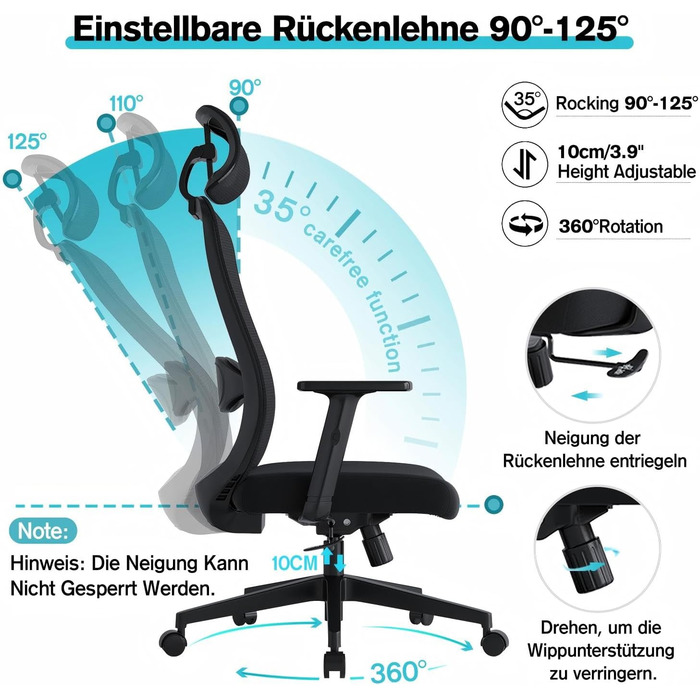 Ергономічне крісло для офісу, обертовий офісний стілець з подушкою для попереку, регульовані підголівник та підлокітники, крісло для керівника до 150 кг (Чорний)