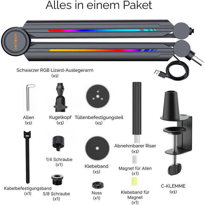 Кріплення мікрофона IXTECH RGB Boom Arm: регульований тримач для стрімінгу, геймінгу, чорний