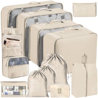 Набір органайзерів для валізи 12 шт. Packing Cubes, бежевий - Розділювачі для одягу в подорожі та на відпочинок