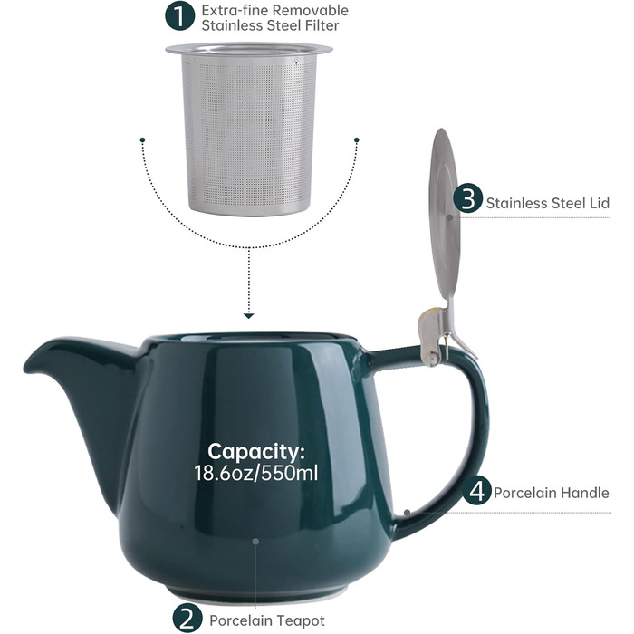 VIVILINEN Porcelain Teapot Ceramic Handmade 18/8 Stainless Steel Infuser Stainless Steel Fine Mesh Infuser with Filter (Green)