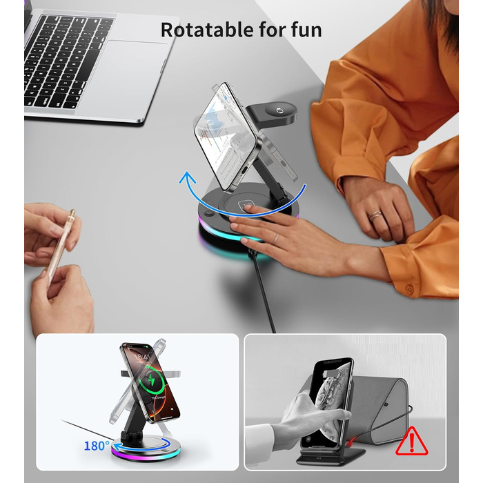 Зарядний пристрій MagSafe 3-в-1 для Apple Watch та iPhone, складний, поворотний з регулюванням світла, бездротовий зарядний стан MagSafe для iPhone 16/15/14, AirPods (без адаптера) - Чорний