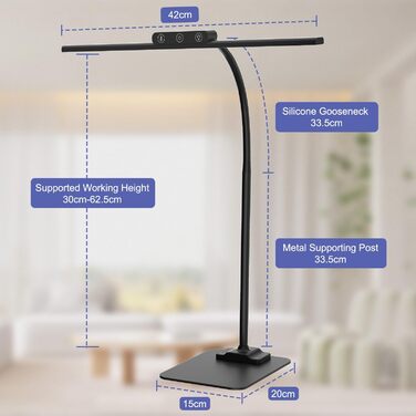 LED Desk Lamp with Adjustable Neck, 1200 Lumens, Dual Head Clamp-On for Home Office, Eye Protection, Gooseneck, Office Table Lamp, Monitor Light with 5 Color Temperature & Brightness Levels (Black-Metal Base)