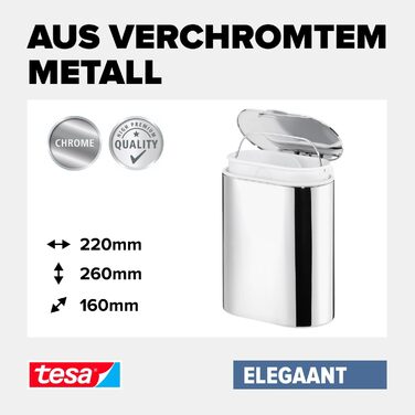 Косметичне відро tesa ELEGAANT, металеве, хромоване, антикорозійне, елегантний дизайн, з клейким кріпленням, 220x260x160 мм