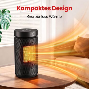 Електричний обігрівач 1500W з термостатом, PTC-кераміка, захист від перегріву та перекидання, 3 режими, таймер 12h, осциляція 70°, для дому, кемпінгу, офісу