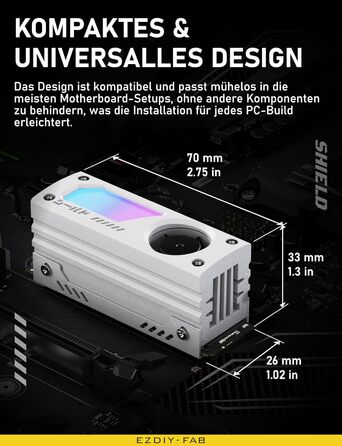 Охолоджувач SSD M.2 EZDIY-FAB Shield ARGB з 20мм вентилятором PWM, преміум-алюмінієвий дизайн, підтримка ARGB 5V 3-Pin, для M.2 2280, чорний, 1 шт.