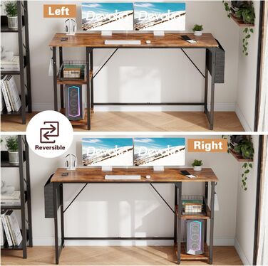 Devoko 140cm Computer Desk with Reversible Shelf, Small Desk with Headphone Hooks, Small Computer Desk for Home Office, Small Office Desk for Home Office, Vintage Brown 140 x 50 cm Vintage Brown