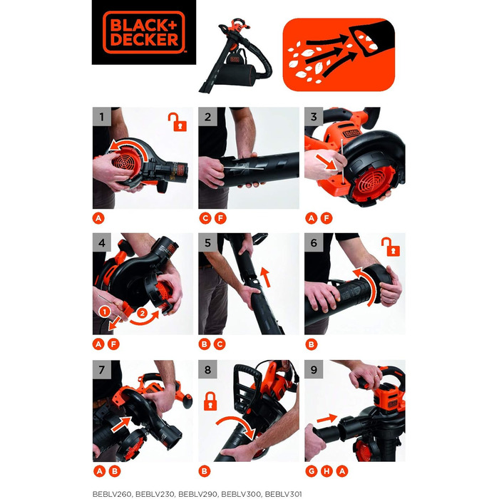 Електричний садовий пилосос-воздуходувка Black+Decker 3-в-1 BEBLV290, 2900 Вт, з подрібнювачем, 315 км/год, 55 л мішок-рюкзак, для терас, доріжок, під'їздів