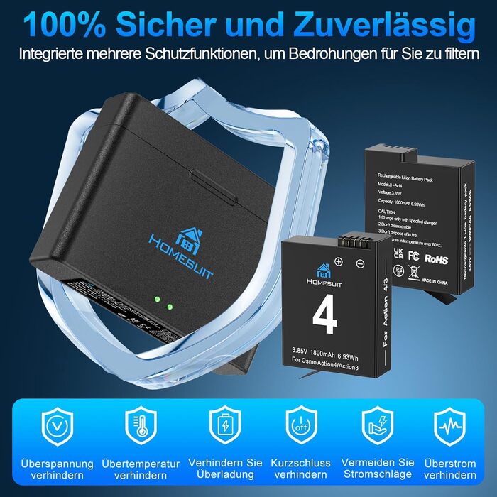 Набір акумуляторів та зарядний пристрій для DJI Osmo Action 4/3: 2x акумулятори 1800mAh + Dual USB LED зарядний пристрій