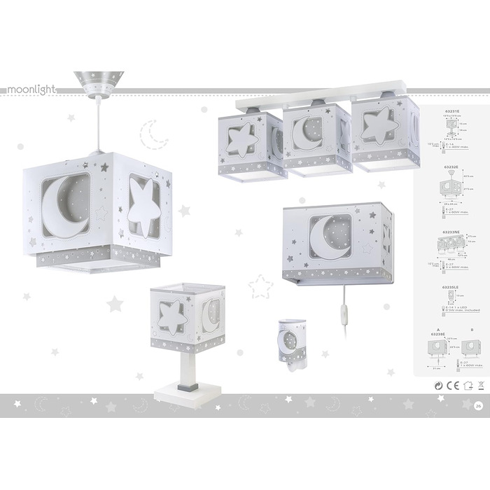 Ceiling Lamp for Kids' Room, Pendant Light, Hanging Lamp, Ceiling Light for Children, Moon and Stars Gray MoonLight, 63232E, E27