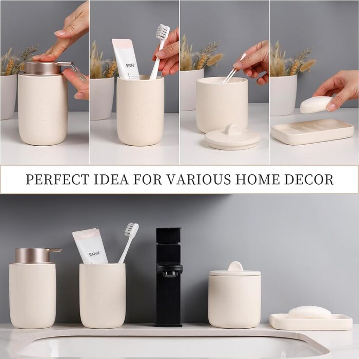 Набір для ванної кімнати з кераміки, 4 шт: мильниця, дозатор для мила, стакан для зубної пасти, контейнер для ватних паличок. Преміум якість, колір персиковий