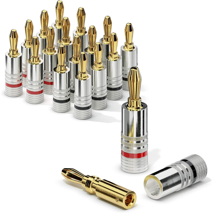 Набір банан-штекерів Sonero S-SC000-16 (16 шт.), 24K Gold, для акустичних кабелів до 6 мм², з кольоровим кодуванням (8x червоний, 8x чорний)