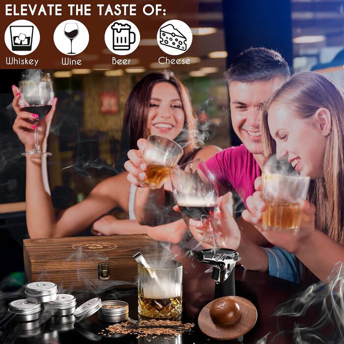 Набір для копчення віскі – Cocktail Smoking Set з підставкою для копчення, пропановою пальником, щипцями, дубовими та волоськими трісками – Преміум дерев'яна коробка – 11.88x9.96x2.9x2.75x2x2.75 см