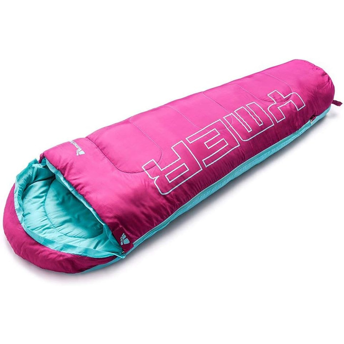 Дитячий спальний мішок Meteor Premium Kinder: літній, ультралегкий, для кемпінгу та відпочинку на природі. Кольори: темно-зелений/зелений, фуксія/м'ята.