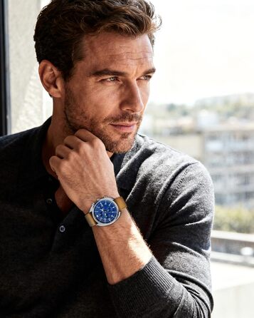 Годинник чоловічий SAPPHERO кварцові з шкіряним ремінцем. Класичний бізнес-годинник з хронографом, водостійкий (50 м), синій циферблат, арабські цифри.