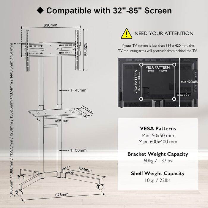 Підставка для телевізора BONTEC на колесах, регульована по висоті, для LCD, LED, OLED, Plasma, Flat & Curved телевізорів 32-85 дюймів, до 60 кг, VESA 600x400 мм (біла)