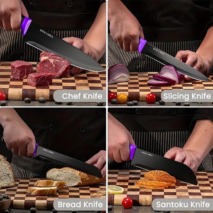 Набір кухонних ножів FIVE COWS з 14 предметів: професійний набір ножів для дому з самозаточуванням, включає ніж для стейка та ножиці, покриття захищає від окислення (фіолетовий)