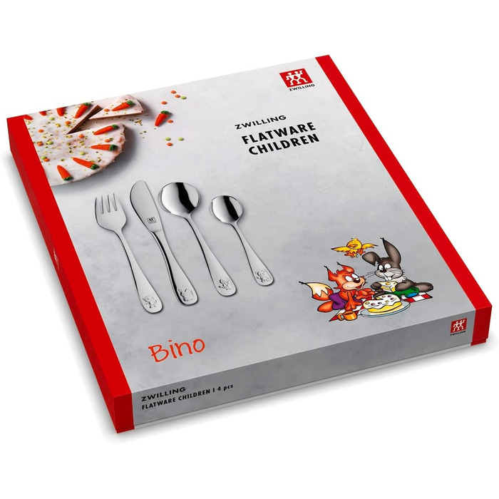 Набір дитячого столового прибору Zwilling Bino, 4 предмети, з тисненням зображень тварин, для дітей від 3 років, нержавіюча сталь 18/10, без пластикової упаковки