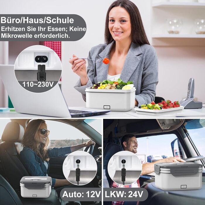 Herrfilk 100W Electric Lunch Box for Adults, 3-in-1 12/24/230V Thermos Lunch Box with Cutlery and Insulated Lunch Bag, Leak-Proof, 1.8 L Large Container, Food Container with Compartments for Car, Truck, Office