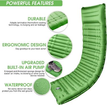 Надувний матрац Isomatte 12 см для кемпінгу з насосом та подушкою, зелений. Анти-розривний, портативний, для туризму, подорожей, пляжу