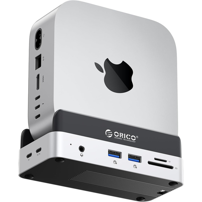 ORICO MiniDock: Док-станція та підставка для Mac mini M4/M4 Pro з корпусом для NVMe SSD, USB-C хаб з 4K HDMI, DisplayPort, SD/TF 3.0, USB-C/A 10Gbps, PD 100W - VS10 (6-в-1, DIY)