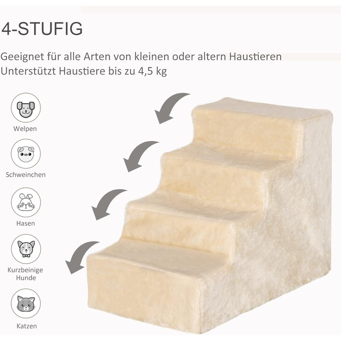 PawHut 4-Step Dog Stairs, 35 cm Cat Stairs for Bed and Sofa, Pet Stairs for Dogs and Cats up to 5 kg, Plush Appearance, Beige