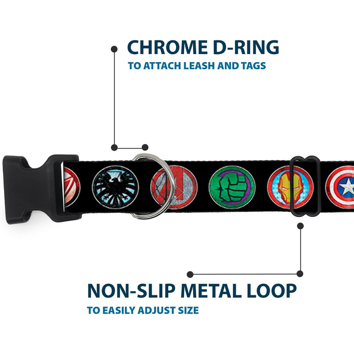 Нашийник Buckle-Down Marvel Avengers з пластиковим кліпом, чорний/кольоровий, ширина 3.8 см, розмір L (45.7-81.3 см)