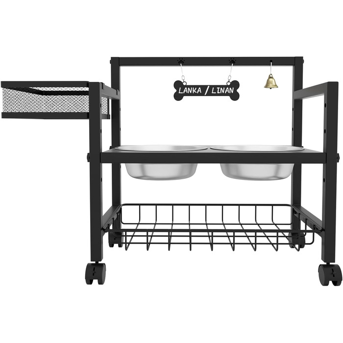 Підвищені годівниці для собак Angeloyang з колесами, з нержавіючої сталі, регульовані, 8 рівнів висоти, 16-36 см, для середніх та великих собак, з повільним дозатором корму та мисками з нержавіючої сталі, з можливістю зберігання та колесами