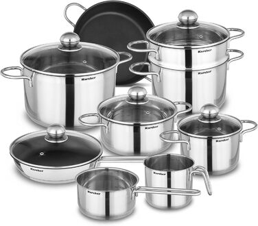 Karcher 14-Piece Stainless Steel Cookware Set with Glass Lids - Induction Compatible