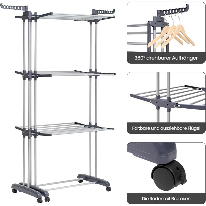 Сушарка для білизни Oak & Tea Tower, 83-200 см, з висувними крилами, XXL, 4 яруси, на коліщатках, для дому та вулиці, сіра