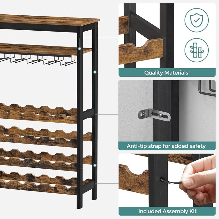 SONGMICS Wine Rack, for 24 Wine Bottles, Freestanding, Bottle Rack with Glass Holders, for Kitchen, Bar, Dining Room, vintage brown-black KWR028B01