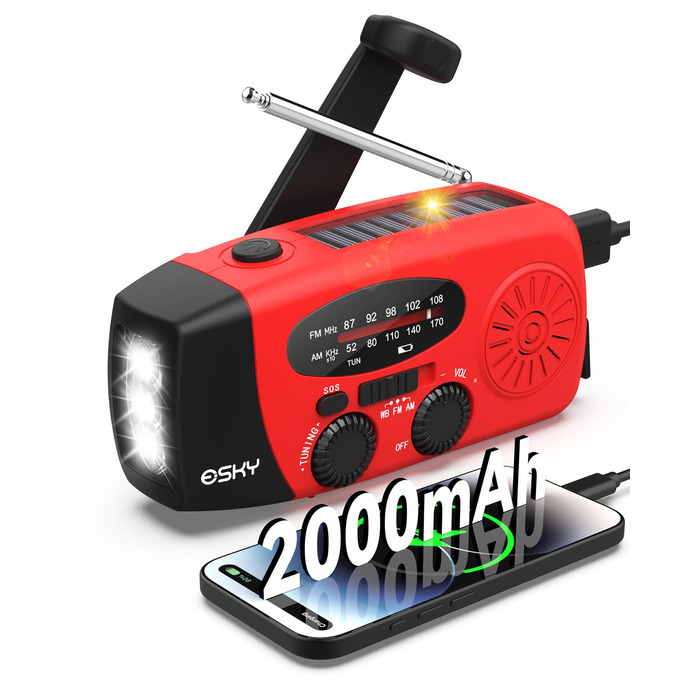 Радіо Esky Kurbelradio AM/FM водонепроникне, портативне з динамо-машиною, SOS-сигналом, Power Bank та LED-ліхтариком (червоне) - для походу, надзвичайних ситуацій
